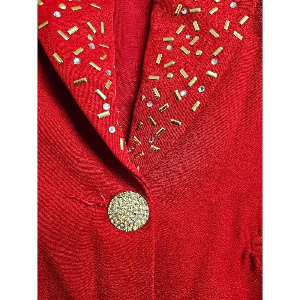 Copyright by Int Fashion Club New York Red Blazer w/ Beaded Collar Women's Sz 8‎